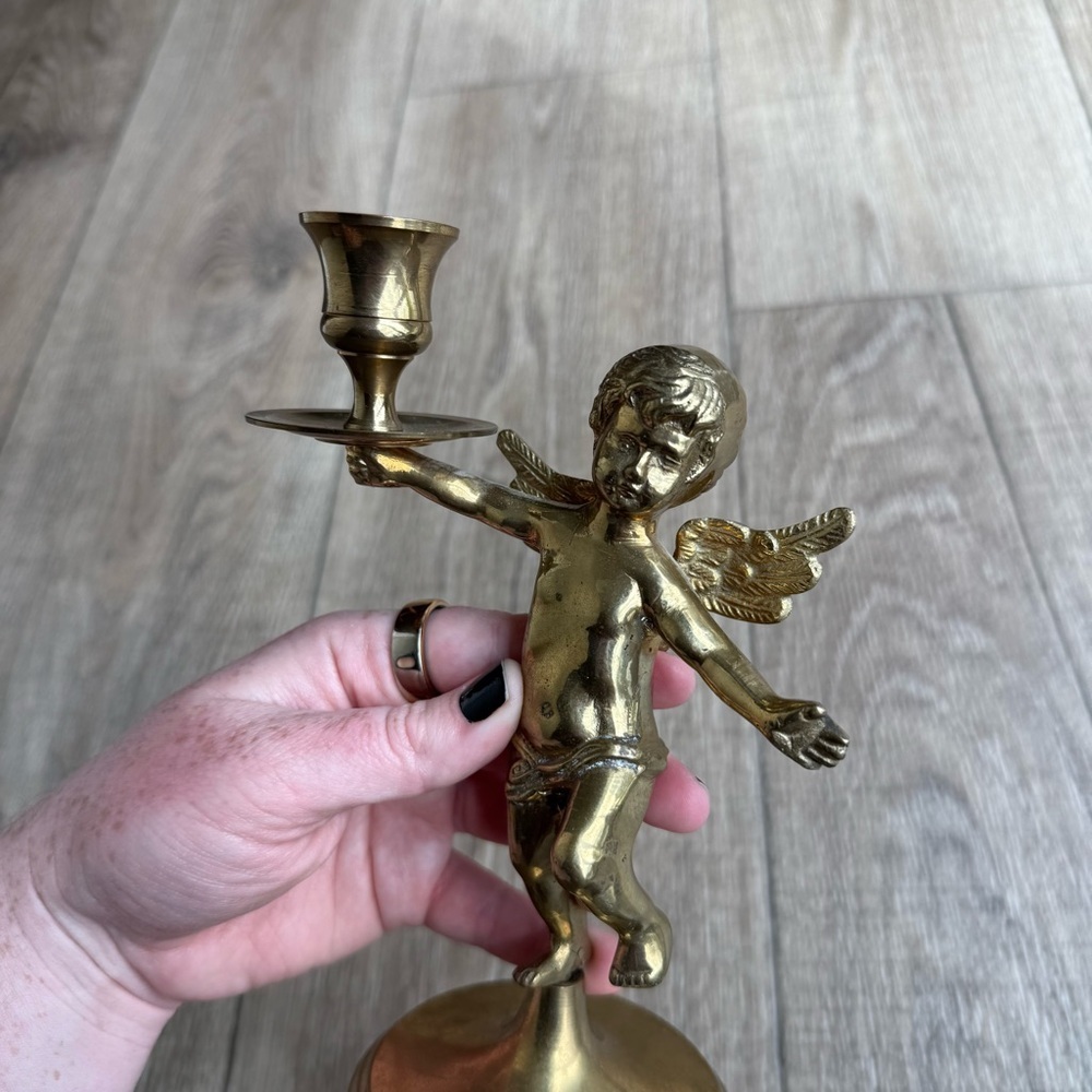 Vintage brass angel cherub candle stick holder child decor ethereal gold - Picture 2 of 7